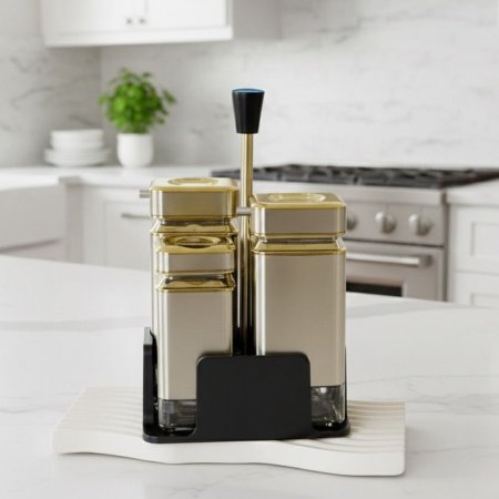 طقم 4 قطع مثلث 2 مزيتة + 2 مملحة زجاج خصر سلفر مع حمالة SM8/6 =ق3